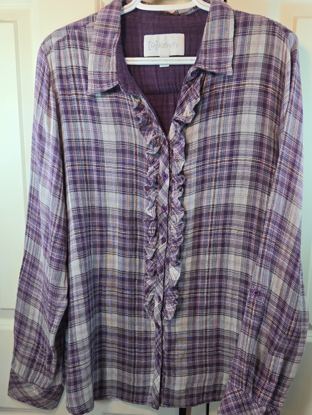 Relativity Lavender Plaid Ruffle-Front Button-Down Shirt
